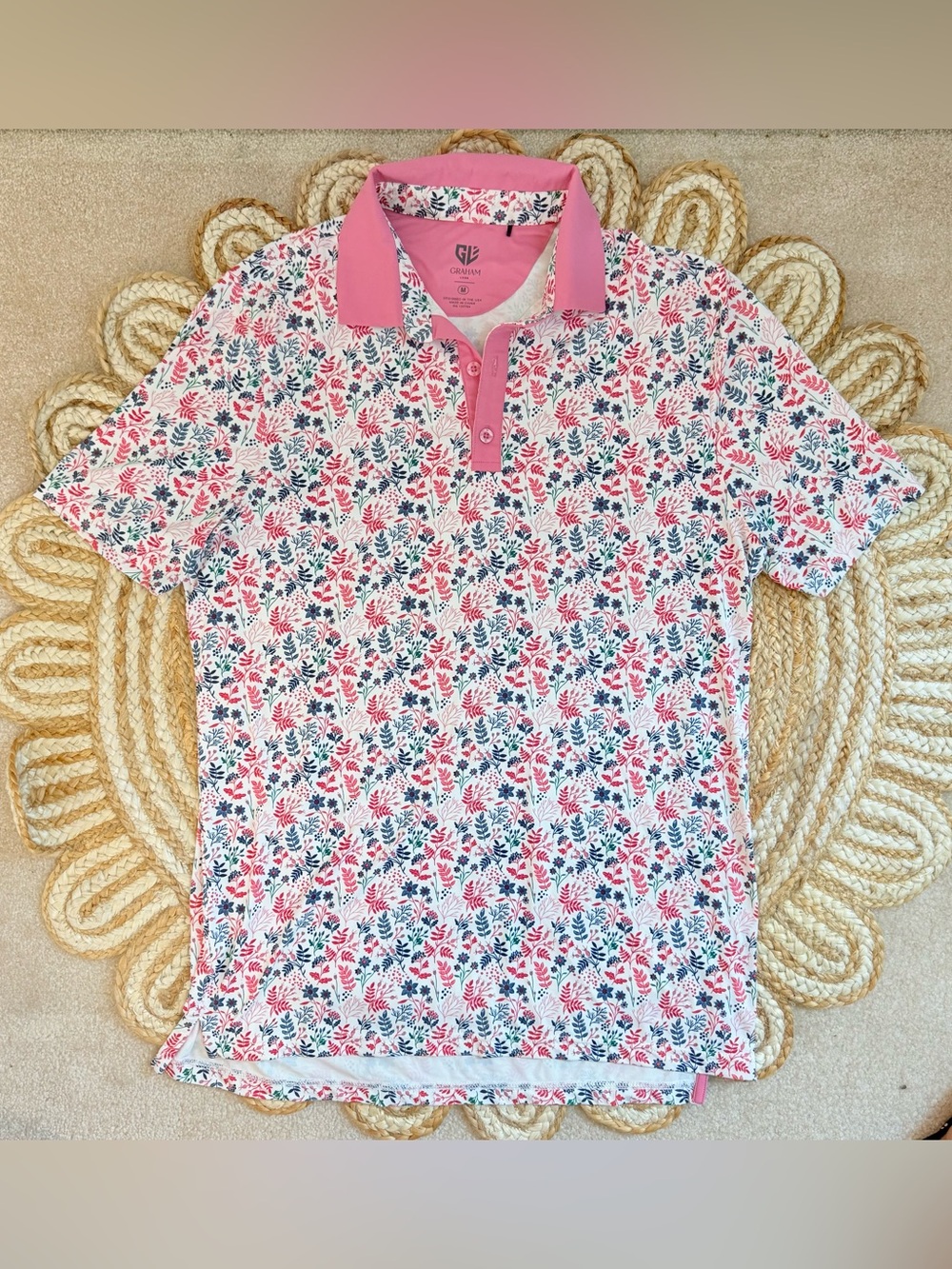 🌾 Graham Luxe Men’s Pink Floral Golf Polo  - Performance‎ Shirt